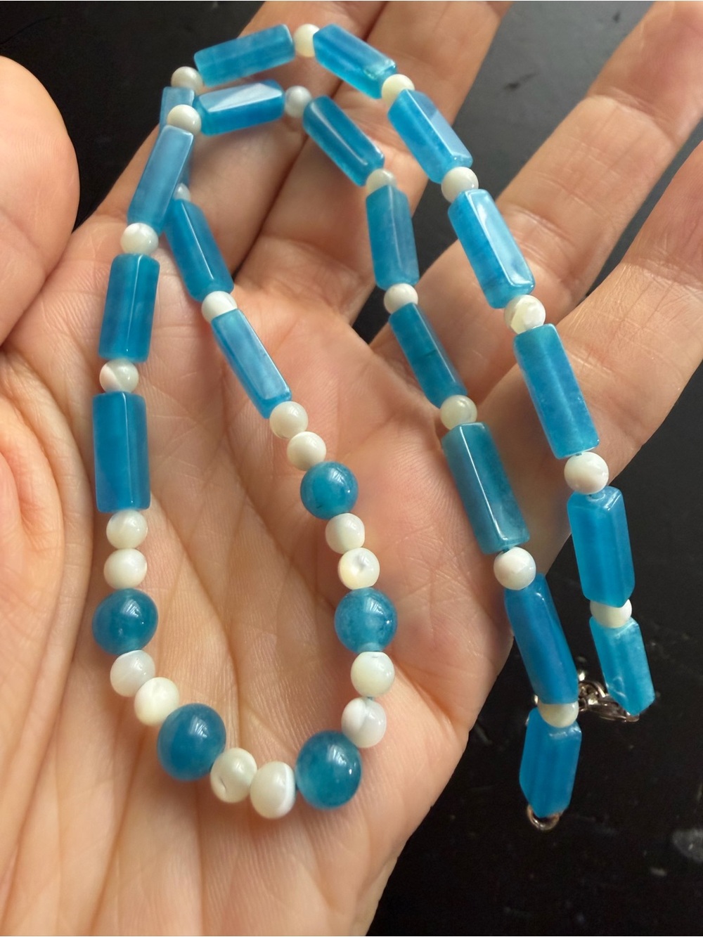 GSJ Signed 925 Sterling Silver Blue & White Gemstone Beaded Necklace